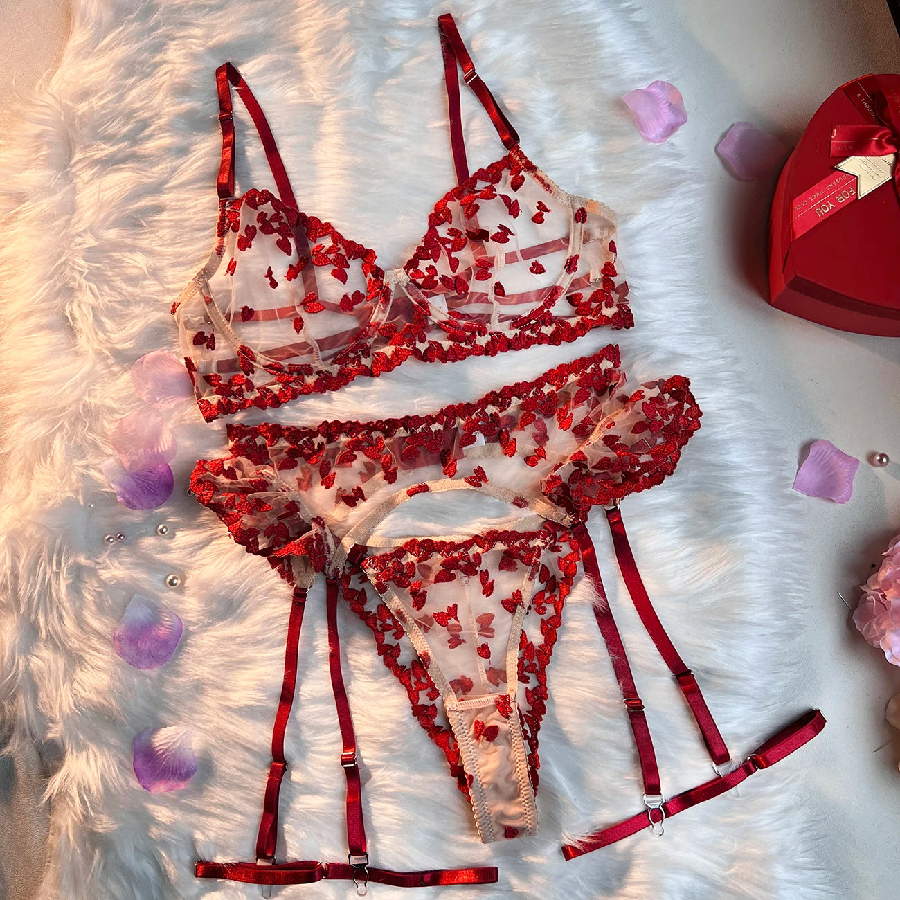 4 Piece Lingerie Sheer Lace Embroidery Underwear Ruffle Intimate Outfits Lingerie Set - The Clothing Company Sydney