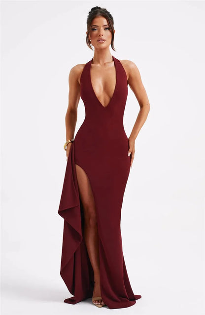 Deep V Neck Thigh High Split Maxi Halter Sleeveless Backless Bodycon Club Party Long Dress The Clothing Company Sydney
