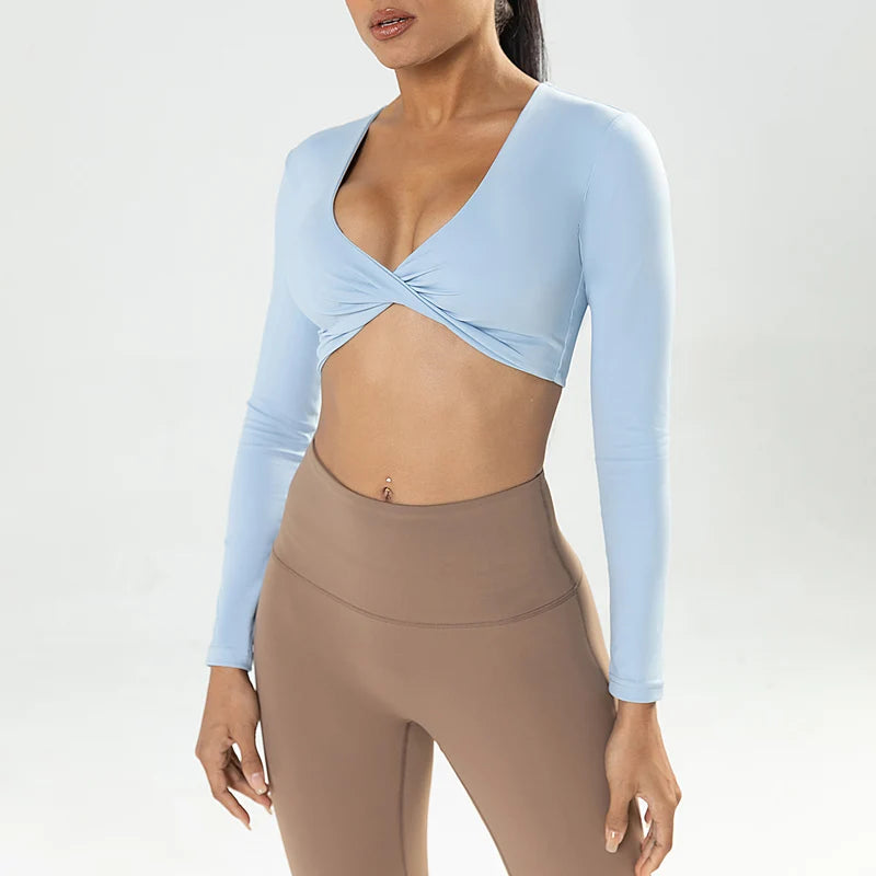 Long Sleeve Gym Crop Tops for Women Twist Deep V Workout Crop T Shirt Top Quick Dry Padded Sports Fitness Yoga Top The Clothing Company Sydney