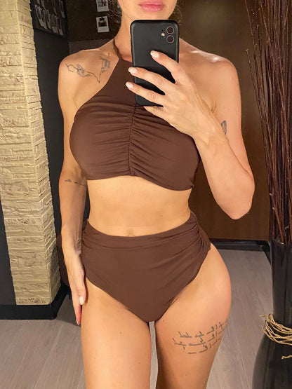 Halter Wrinkled High Neck High Waist Bikini Women Swimwear Two piece Bikini set Bather Bathing Suit Swimsuit The Clothing Company Sydney