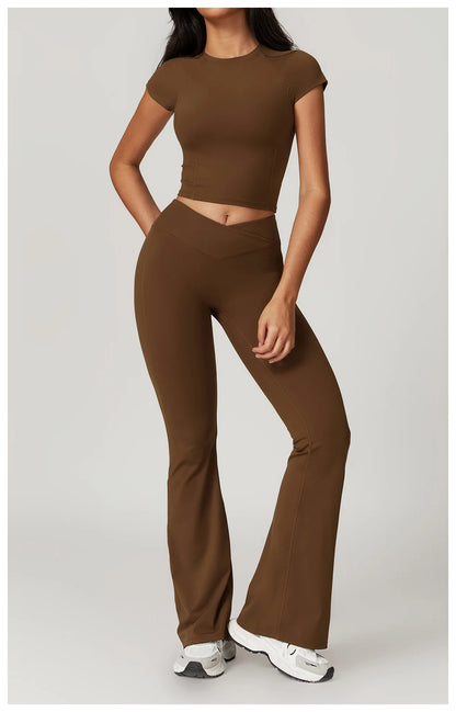 Women's Yoga Gym Activewear 2 Piece Set Sport Suit Workout Short Sleeve Crop Top High Waist Leggings Short Fitness Sports Wear - The Clothing Company Sydney