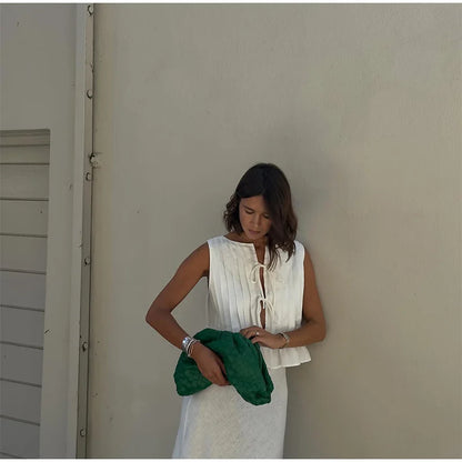 Elegant White Set 2 Piece Woman Chic Lace Up O Neck Ruffled Edge Short Matching Set Summer Street Outfit - The Clothing Company Sydney