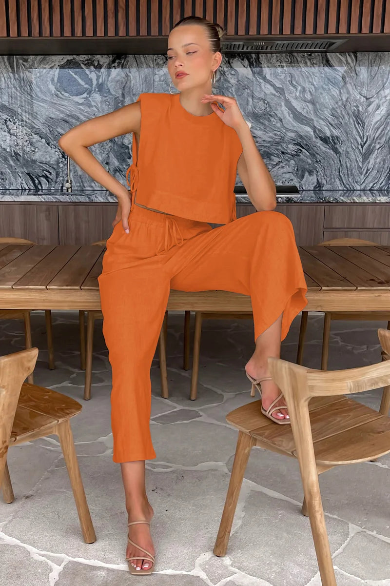 Spring Summer Holiday Linen Pant Set Crop Tops Solid Outfits 2 Two Piece Matching Outfit Set For Women The Clothing Company Sydney