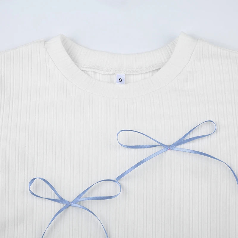 Sweet Bow Knit Spring Top Long Sleeve Pink Bow Women's T Shirts Clothes Basic Outfits - The Clothing Company Sydney