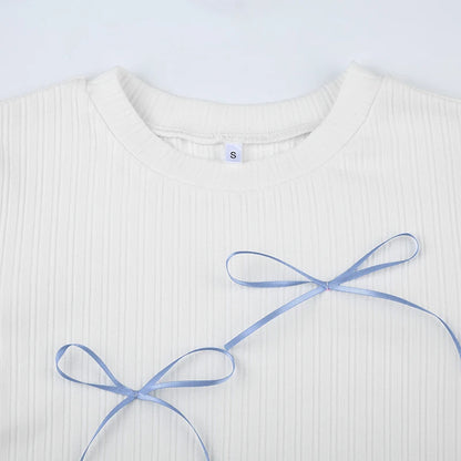 Sweet Bow Knit Spring Top Long Sleeve Pink Bow Women's T Shirts Clothes Basic Outfits - The Clothing Company Sydney