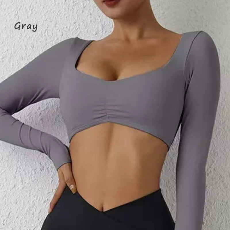 Nylon Gym Yoga long Sleeved T-shirt tight Pleated Sports women's waist tight yoga Top The Clothing Company Sydney