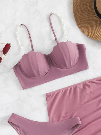 3 Piece Women's Swimsuit Off Shoulder Suspender Pure Cotton Fashion Backless Beach Split Swimwear - The Clothing Company Sydney