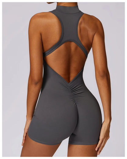 V Back Scrunch Sports Jumpsuit Women Gym Rompers Sleeveless Sportswear Zipper One-Piece Suit Yoga Clothing - The Clothing Company Sydney