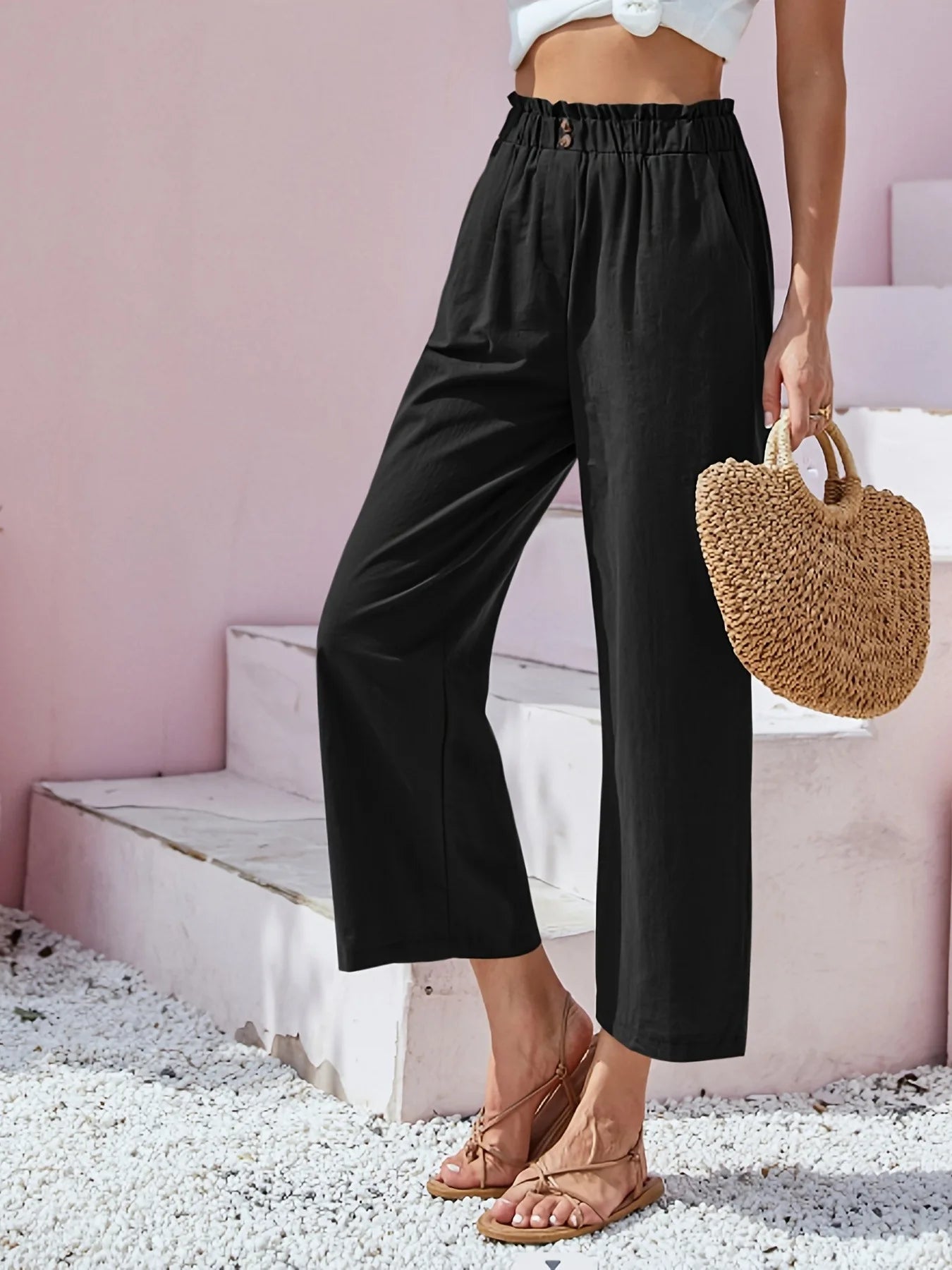 Women's Cotton Linen Loose Wide Leg Pants Summer Female High Elastic Waist Button Casual Streetwear Trousers The Clothing Company Sydney