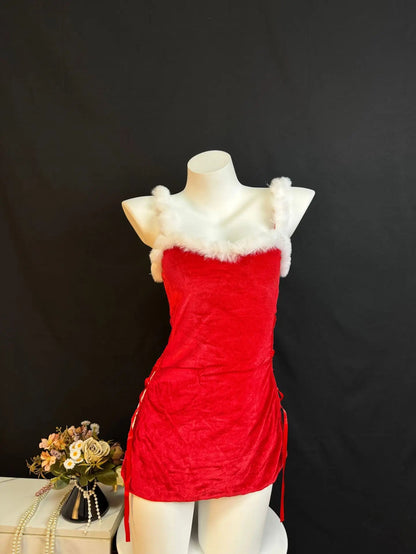 Womens Xmas Dresses Fluffy Velvet Dress Thong 2 Piece Set Sparkling Red Split Strap Up Elegant Party Cosplay Christmas Costume The Clothing Company Sydney
