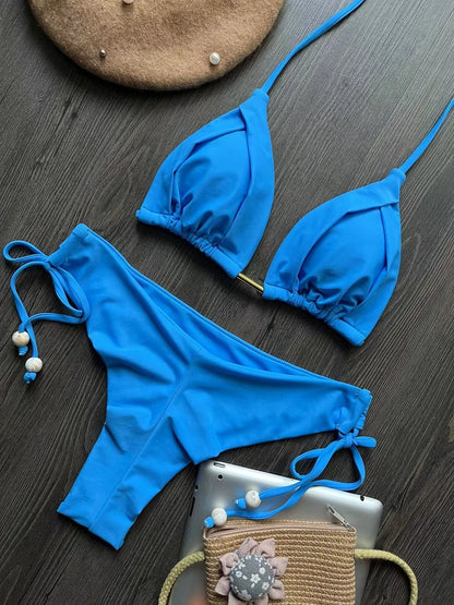2 Piece Triangle Bathing Suit for Women Brazilian Bikinis Halter Swimwear Push Up Swimsuit Metal Chain Beach Bikini Set The Clothing Company Sydney