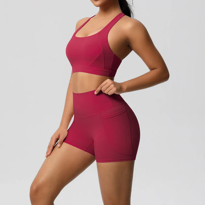2 Piece Sportswear Pocketed Yoga Set Gym Clothes Yoga Suits Womens Sports Shorts Crossover Bra Gym Leggings Bike Shorts Set The Clothing Company Sydney