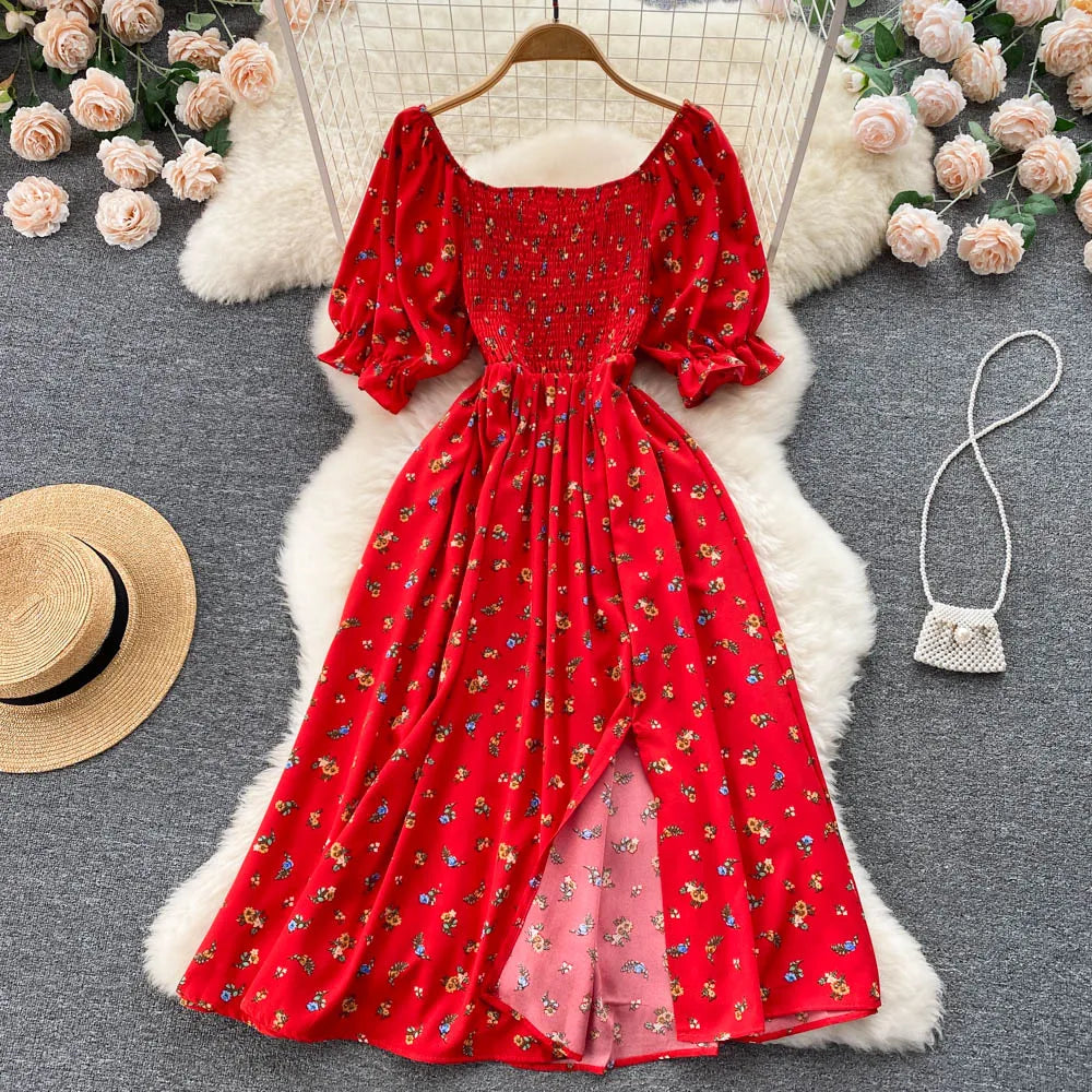 Women's Fashion Romantic Floral Print Split Long Summer Dress Puff Sleeve Party Dress - The Clothing Company Sydney