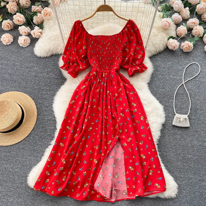 Women's Fashion Romantic Floral Print Split Long Summer Dress Puff Sleeve Party Dress - The Clothing Company Sydney