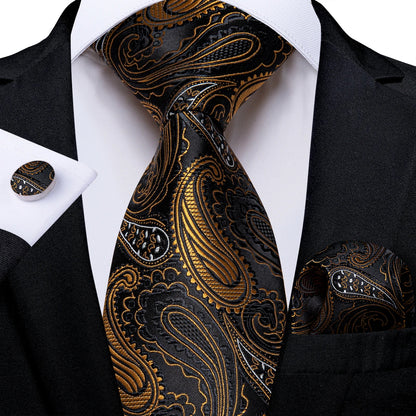 Luxury Black & Gold Paisley Silk Tie Set – Men's Necktie, Pocket Square & Cufflinks Gift The Clothing Company Sydney
