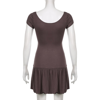 Brown Vintage Y2K Folds Slim Summer Mini Dress for Women Round Neck Dress The Clothing Company Sydney