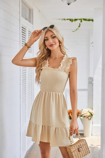 Womens Summer Casual Boho Sleeveless Backless Square Neck Smocked Ruffle Mini Dress A-Line Swing Sundress - The Clothing Company Sydney