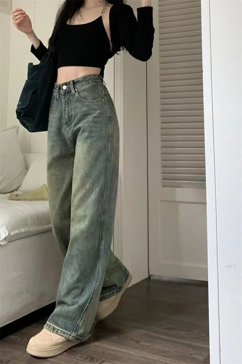 Vintage Baggy Straight Denim Trousers Y2K High Waist Loose Wide Leg Jeans Women Streetwear All-Match Casual Pants - The Clothing Company Sydney