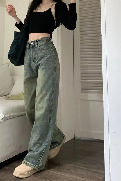 Vintage Baggy Straight Denim Trousers Y2K High Waist Loose Wide Leg Jeans Women Streetwear All-Match Casual Pants - The Clothing Company Sydney