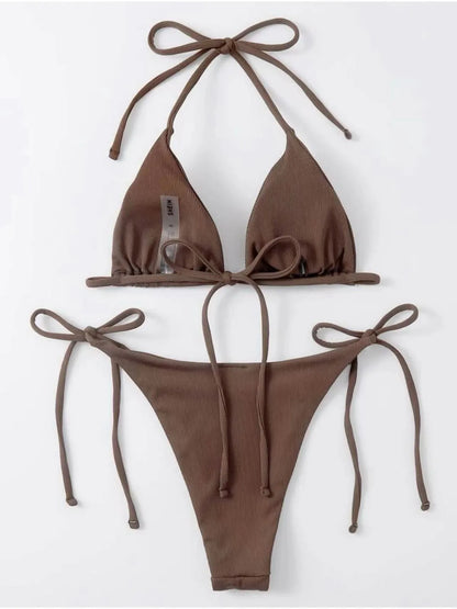 2 Piece Bathing Suit Ribbed Backless Pads Women Bikini Set Halter Triangle Bra Side Tie Thong Swimwear Set - The Clothing Company Sydney