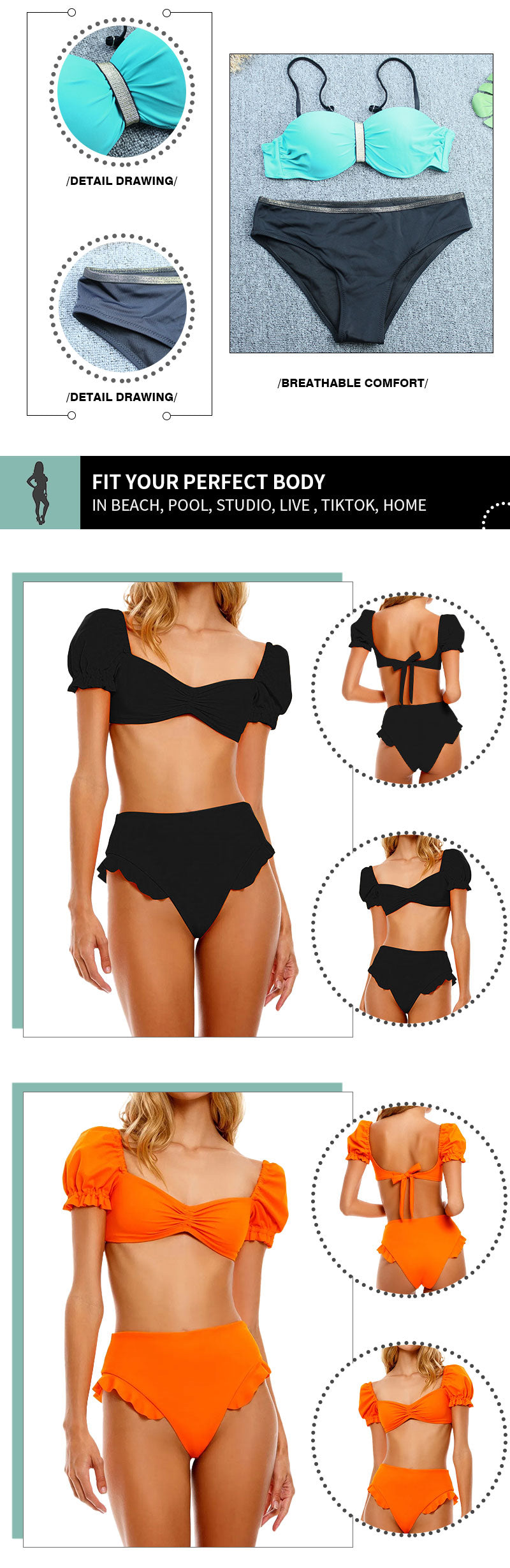 2 Piece Women Swimsuit Solid Colour Short Puff Sleeve Summer High Waist Cut Backless Bathing Suit Beachwear Bikini Set The Clothing Company Sydney