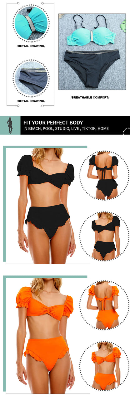 2 Piece Women Swimsuit Solid Colour Short Puff Sleeve Summer High Waist Cut Backless Bathing Suit Beachwear Bikini Set The Clothing Company Sydney