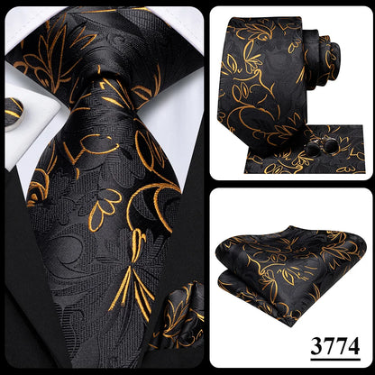3 Piece Black Floral Silk Wedding Tie For Men Handky Cufflink Elegant Necktie Set For Men - The Clothing Company Sydney