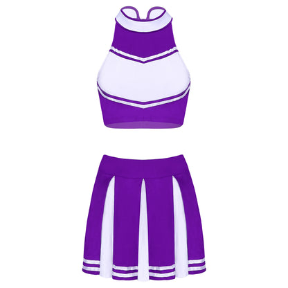 Women's Cheerleading Costume Uniform Carnival Cosplay Outfit Stand Collar Sleeveless Crop Top with Mini Pleated Skirt - The Clothing Company Sydney