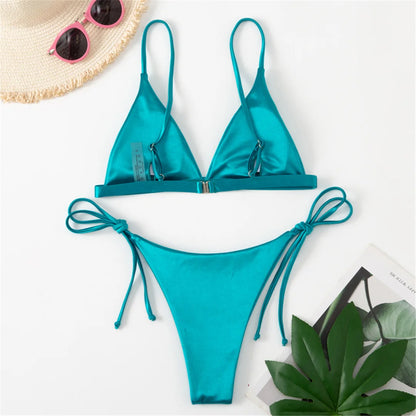 Side Tie Satin High Leg Cut Brazilian Bikini Swimwear Swimsuit Two piece Bikini set Bather Bathing Suit - The Clothing Company Sydney