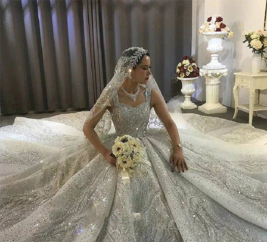 Luxurious Sparkling Sequin Wedding Dress Ball Gown Sleeveless Long Rhinestone Bridal Dress With Court Train Robes - The Clothing Company Sydney