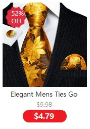 Elegant Men's Gold Leaves Floral Silk Neck Tie Pocket Square Cufflinks Wedding Business Party Gift Set - The Clothing Company Sydney