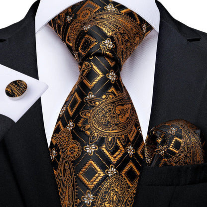 Luxury Black & Gold Paisley Silk Tie Set – Men's Necktie, Pocket Square & Cufflinks Gift The Clothing Company Sydney