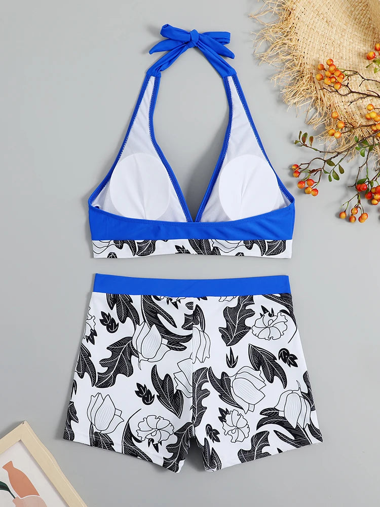 2 Piece Halter Bikini Set Shorts Swimsuit High Waist Swimwear Female Printed Bathers Swimming Bathing Swim Suit Beachwear - The Clothing Company Sydney