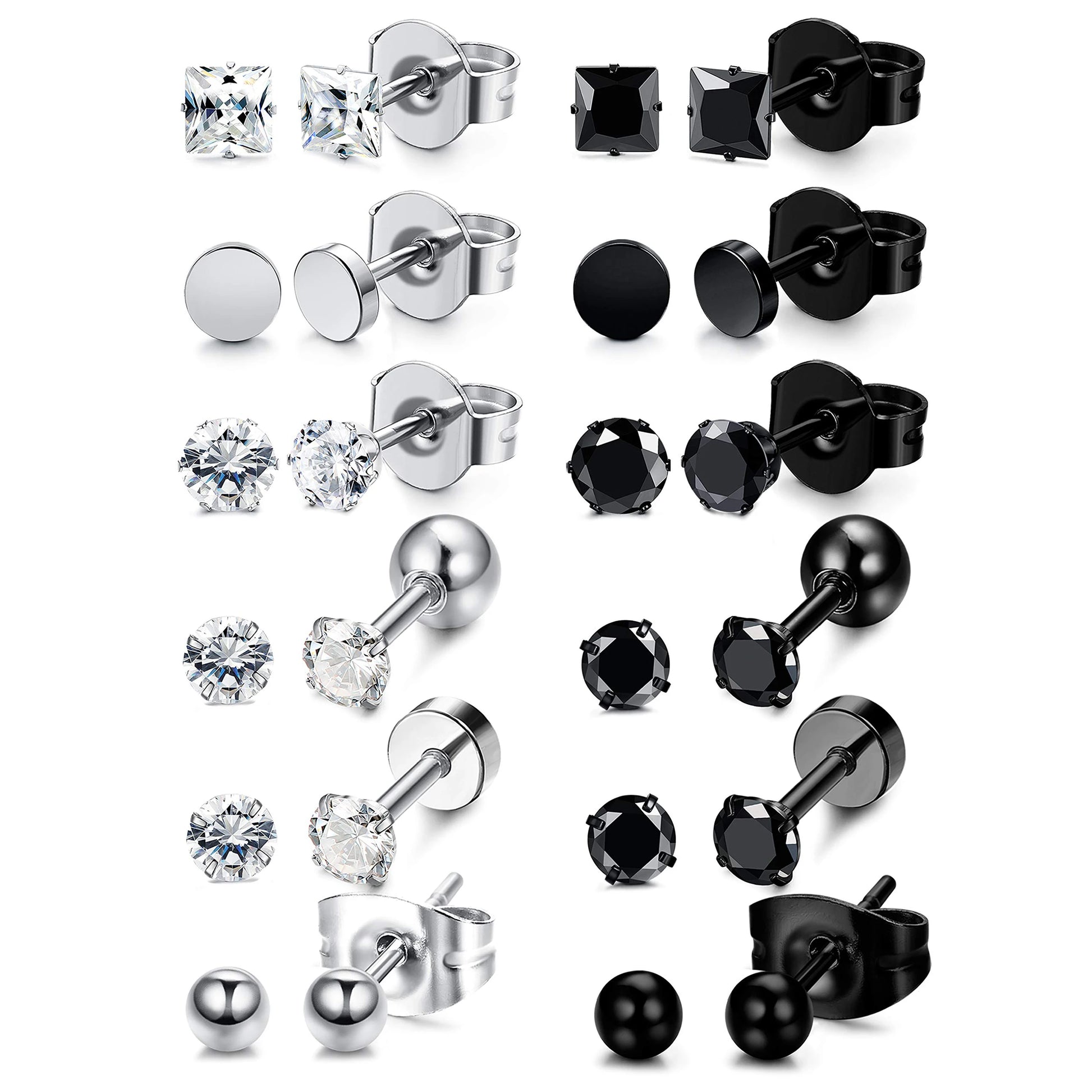 3-8mm Small Black Silver Colour Earrings Stone CZ Crystal Ear Studs Surgical Steel Cubic Unisex Accessories - The Clothing Company Sydney