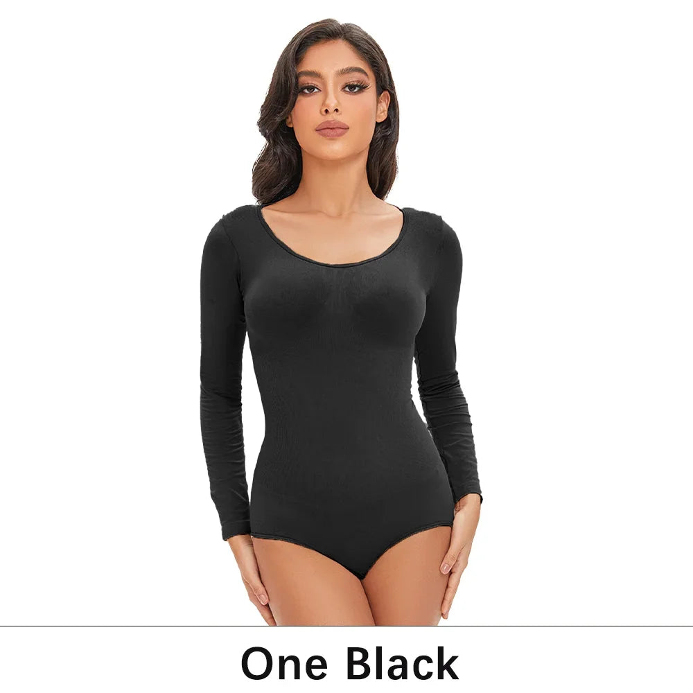 Spandex Elastic Body Suit Shapewear Women Body Shaper Long Sleeve Round Neck Seamless Shapers