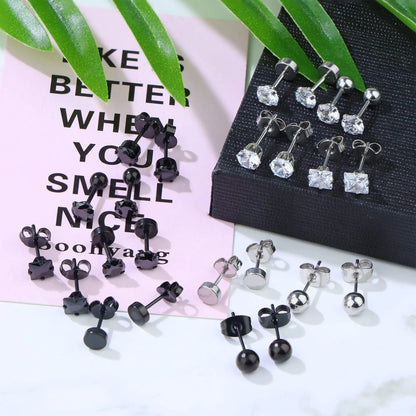 3-8mm Small Black Silver Colour Earrings Stone CZ Crystal Ear Studs Surgical Steel Cubic Unisex Accessories - The Clothing Company Sydney