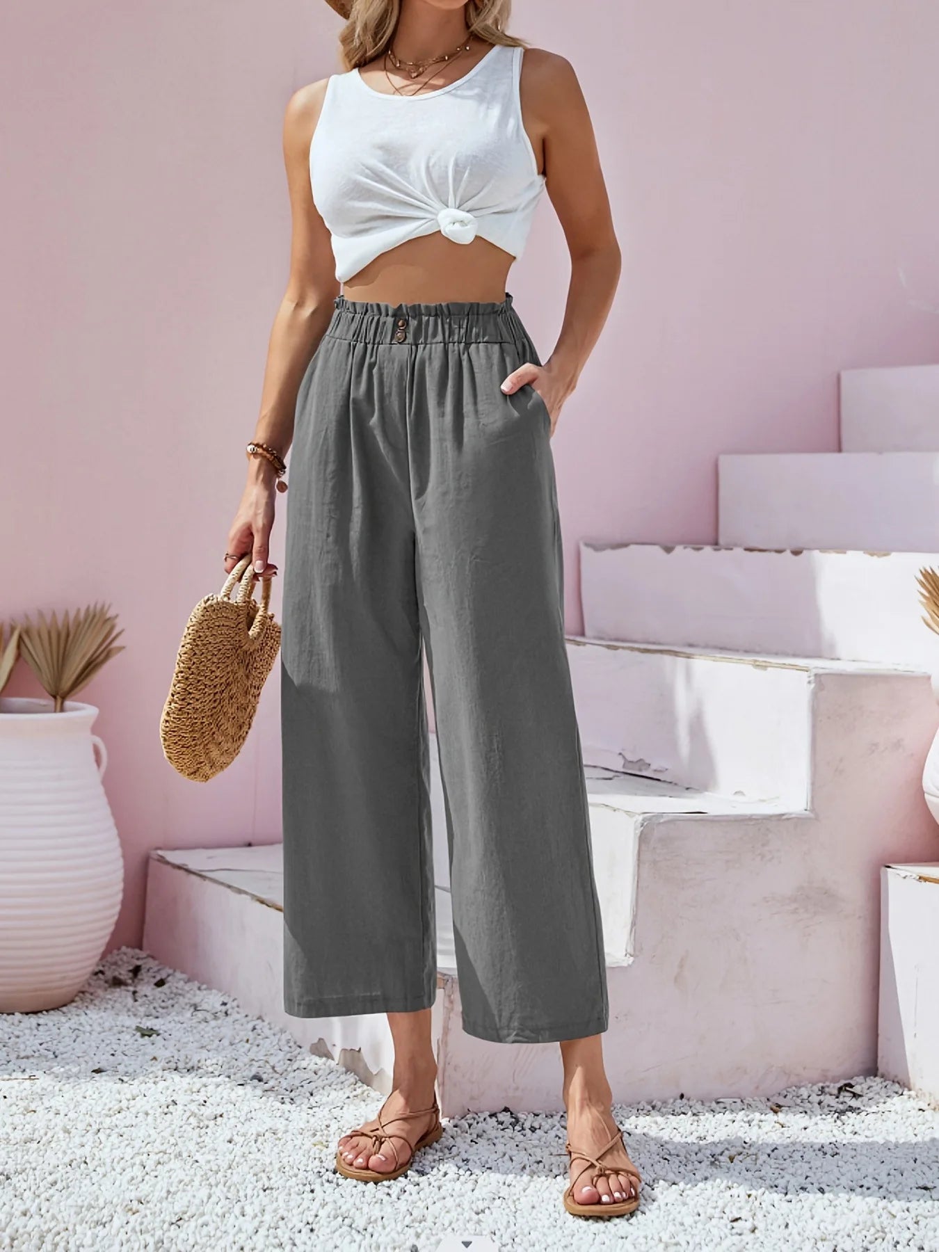 Women's Cotton Linen Loose Wide Leg Pants Summer Female High Elastic Waist Button Casual Streetwear Trousers The Clothing Company Sydney