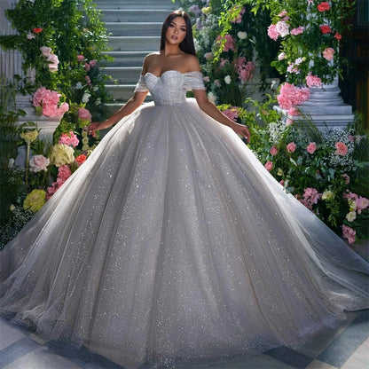 Shiny Wedding Dresses Women's Bohemian Off Shoulder Tulle Fluffy Pleated Princess Bridal Gowns - The Clothing Company Sydney