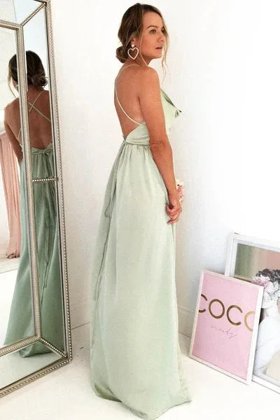 Mint Green Bridesmaid Dresses Side Slit Backless Gown Long Satin Spaghetti Strap Summer Evening Dress The Clothing Company Sydney
