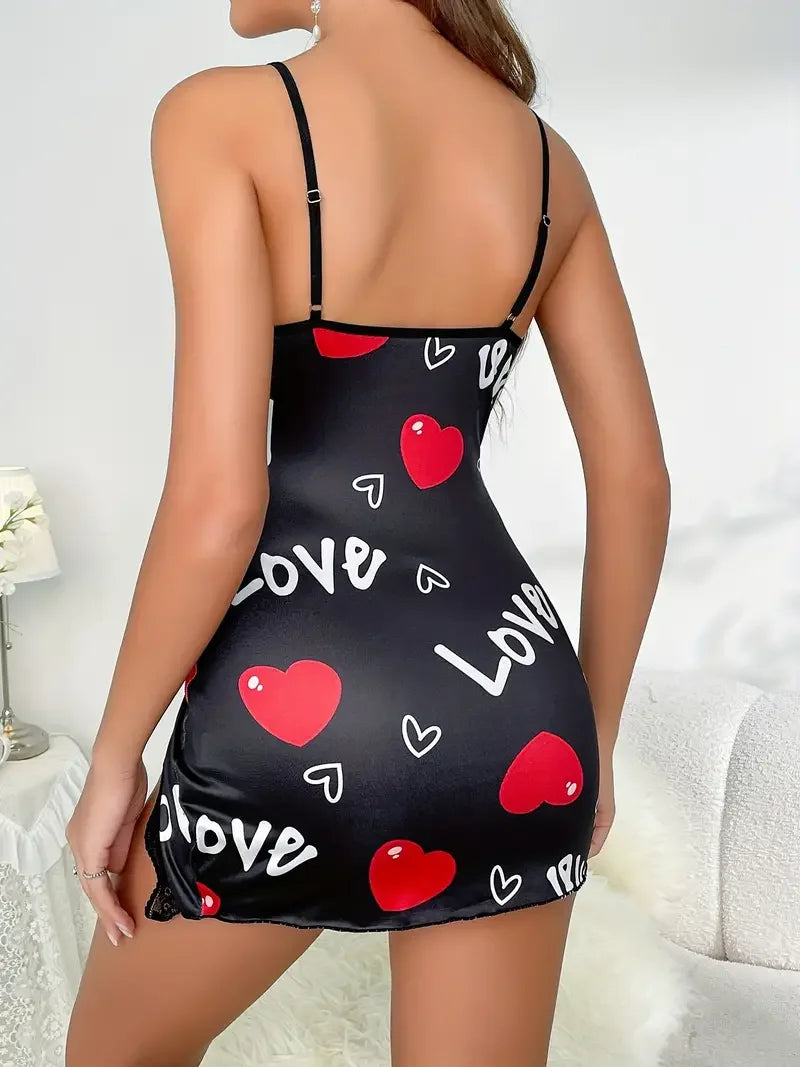 Heart Letter Floral Print Slip Nightdress Lace Trim Deep V Side Split Women's Sleepwear Dress The Clothing Company Sydney