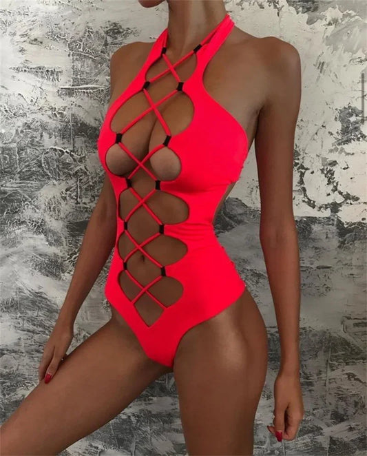 Hollow Out Swimwear Women's High Neck Solid Black Cut Out Backless Monokini Bandage Bathing Suit Holiday One Piece Swimsuit The Clothing Company Sydney