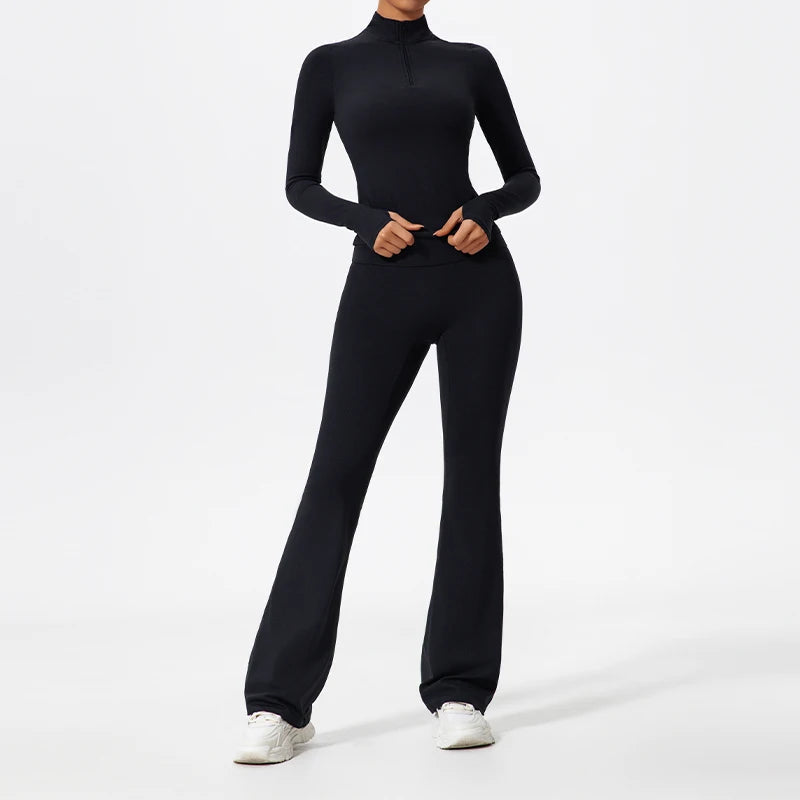 2 Piece Sports Suit Women Half Zipper Long Sleeves Slim Yoga Set Flared Activewear Gym Workout Sportswear The Clothing Company Sydney