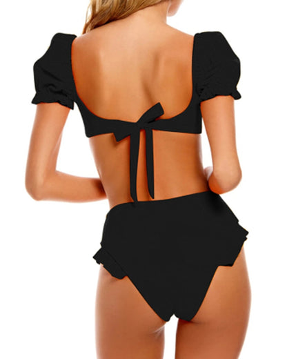 2 Piece Women Swimsuit Solid Colour Short Puff Sleeve Summer High Waist Cut Backless Bathing Suit Beachwear Bikini Set The Clothing Company Sydney