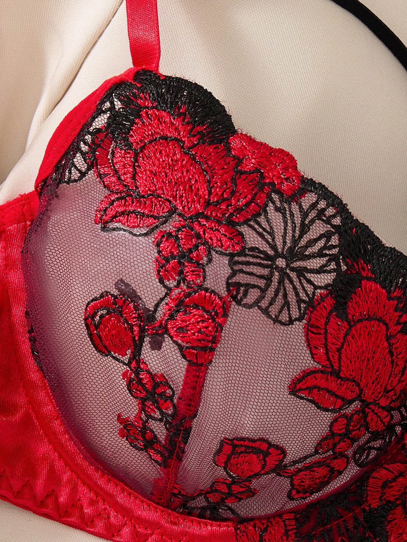 Two piece Embroidered bra Women's Floral Embroidered Lingerie - Black and red Underwear Set The Clothing Company Sydney