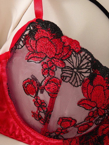 Two piece Embroidered bra Women's Floral Embroidered Lingerie - Black and red Underwear Set The Clothing Company Sydney