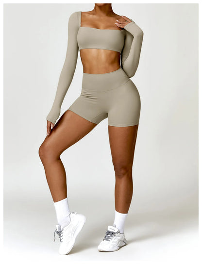 2 Piece Long Sleeve Gym Set Women Yoga Clothes Quick-Drying Sportswear Running Leggings Workout Sports Crop Top Shorts - The Clothing Company Sydney