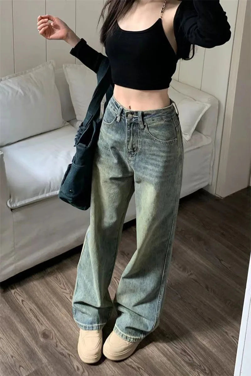 Vintage Baggy Straight Denim Trousers Y2K High Waist Loose Wide Leg Jeans Women Streetwear All-Match Casual Pants - The Clothing Company Sydney