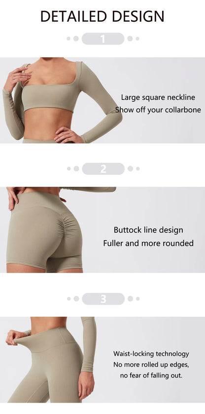 2 Piece Long Sleeve Gym Set Women Yoga Clothes Quick-Drying Sportswear Running Leggings Workout Sports Crop Top Shorts - The Clothing Company Sydney