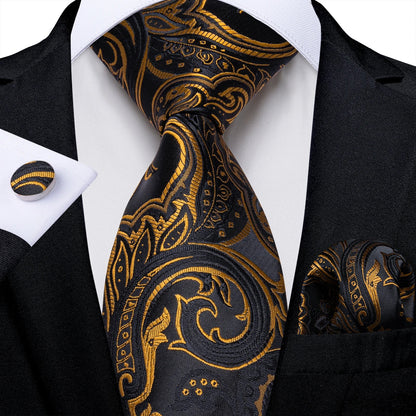 Luxury Black & Gold Paisley Silk Tie Set – Men's Necktie, Pocket Square & Cufflinks Gift The Clothing Company Sydney