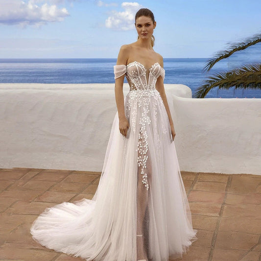 Off The SHoulder Sweethart 3d Flower Lace Boho Beach A Line Wedding Dresses Side Slit Custom Made Bridal Gown The Clothing Company Sydney